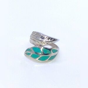 Vtg Sterling & Turquoise Inlay Inlaid Feather / Leaf Bypass Style Ring Sz 6.75